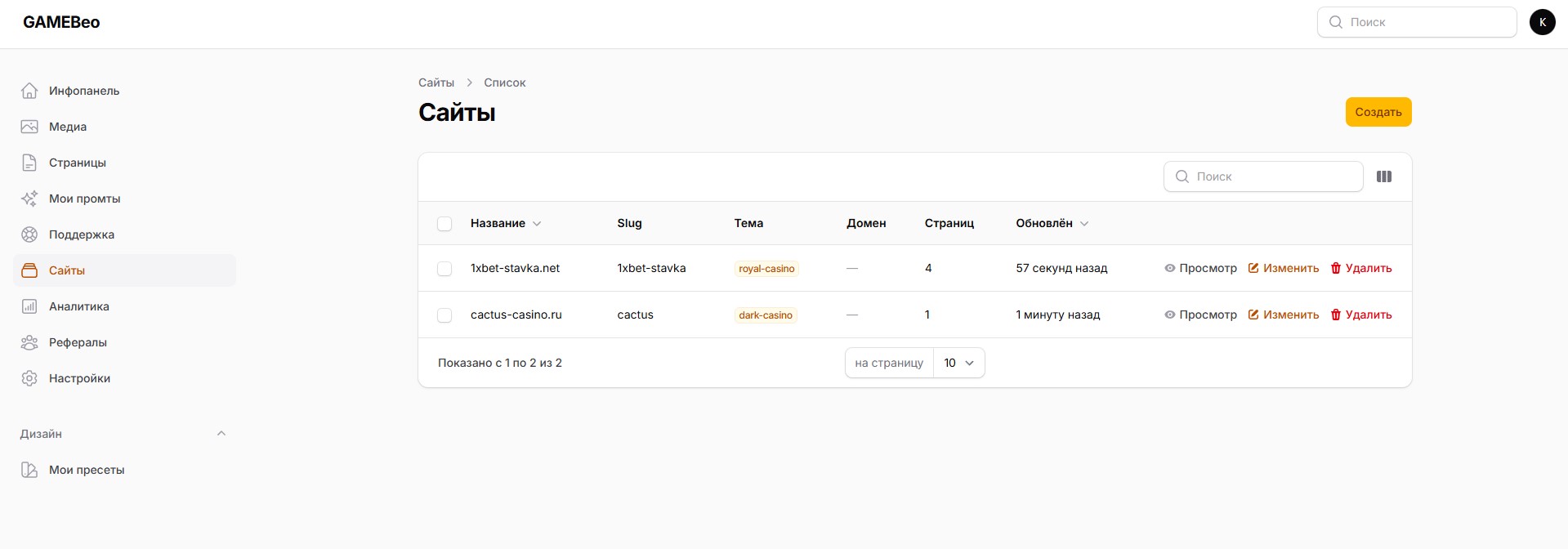 Sites screen